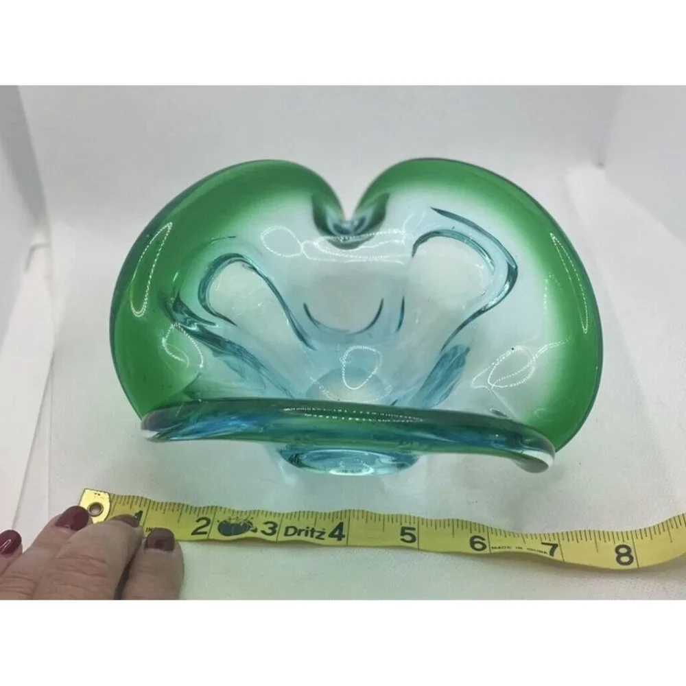 Studio Art Glass Dish Bowl Green Blue Clear Smooth Bottom 8